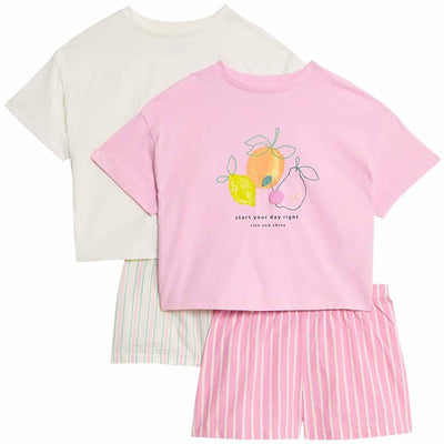 M&S Fruit Embroidery Placement Shortie Ivory Pyjama Set 8-9 Years