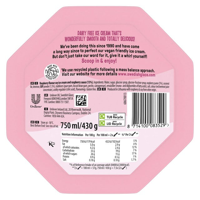 Swedish Glace Delightful Raspberry vegan ice cream tub 750ml (British brand)