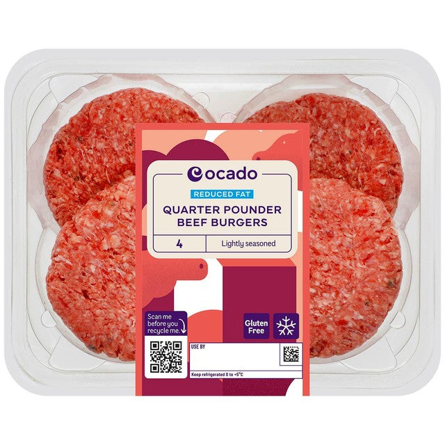 Ocado reduced fat quarter pounder beef burgers 454g, imported from the UK