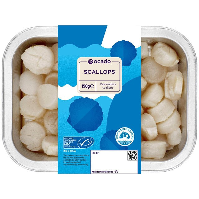 Ocado raw roeless scallops 150g, imported from the UK
