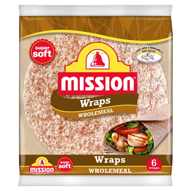 Mission wholemeal tortilla wraps 6 pack, imported from the UK