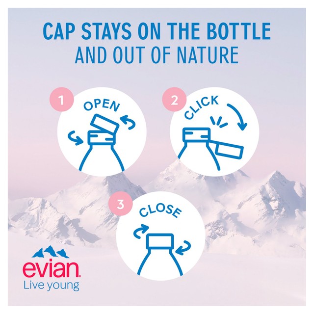 Evian still mineral water 750ml glass bottle - British product