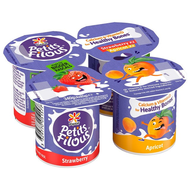 Petits Filous kids yoghurt pots strawberry and apricot 4 x 85g, imported from the UK