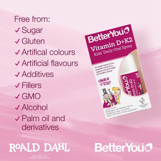 BetterYou Kids Vitamin D+K2 Oral Spray Bubblegum Blueberry 15ml - British product