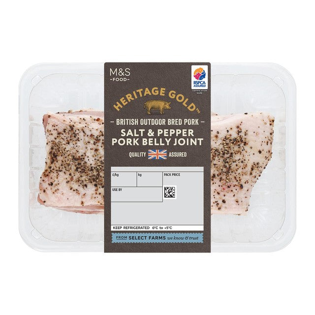 M&S salt and pepper pork belly joint 720g, imported from the UK