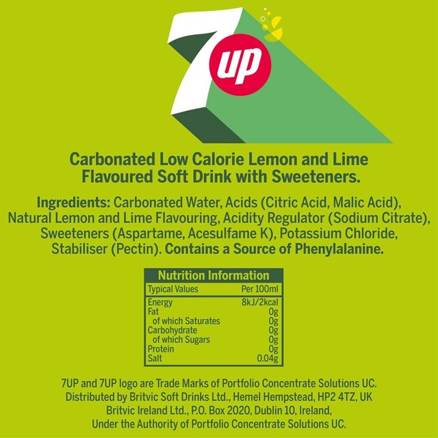 7UP zero sugar lemon and lime carbonated drink 2L (British brand)