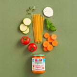 HiPP Organic spaghetti with tomatoes and mozzarella baby food jar 190g, UK version
