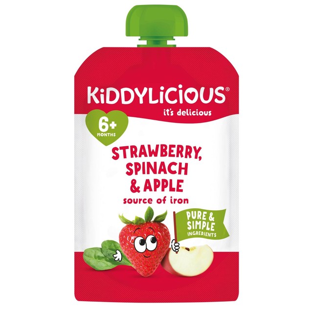 Kiddylicious strawberry spinach apple baby food pouch 100g, UK version
