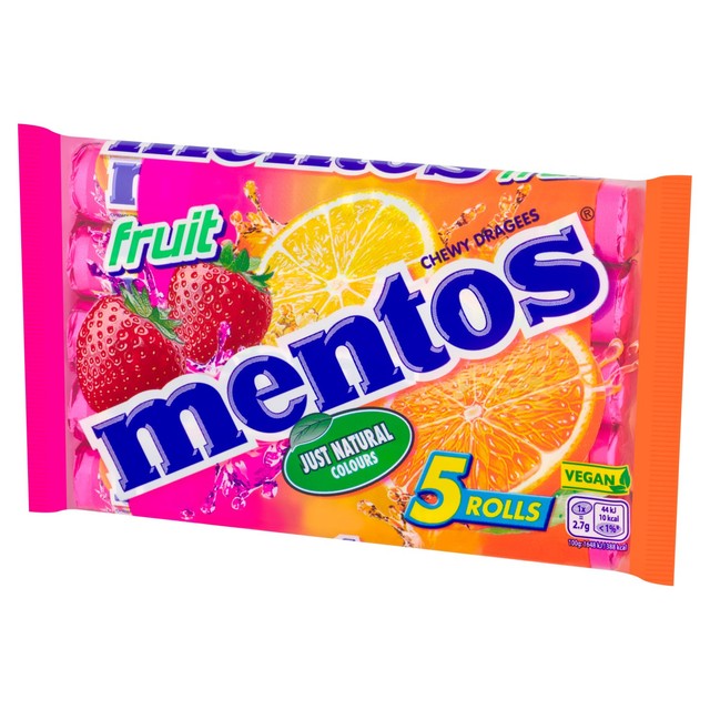 Mentos chewy fruit sweets in strawberry, lemon, and orange flavours 5 x 38g multipack, imported from the UK