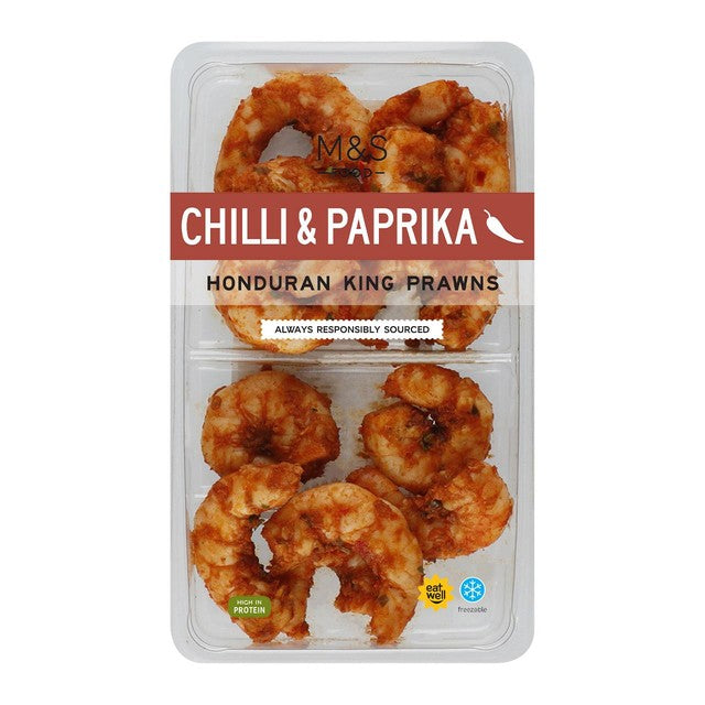 M&S chilli and paprika Honduran king prawns 100g, imported from the UK