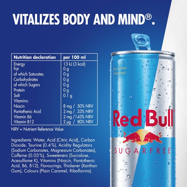 Red Bull sugar free energy drink 12 x 250ml, imported from the UK