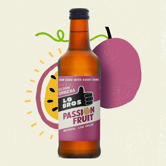 Lo Bros kombucha passionfruit low sugar 330ml, UK version