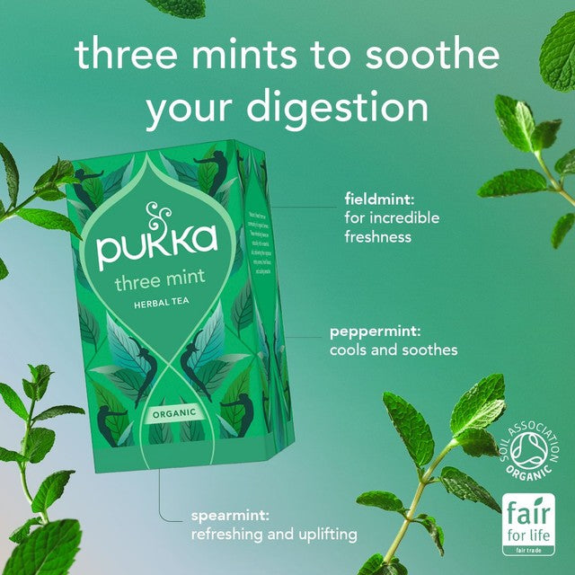 Pukka Three Mint Herbal Tea 40 bags, imported from the UK
