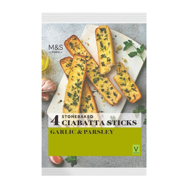 M&S garlic parsley ciabatta sticks 140g, imported from the UK