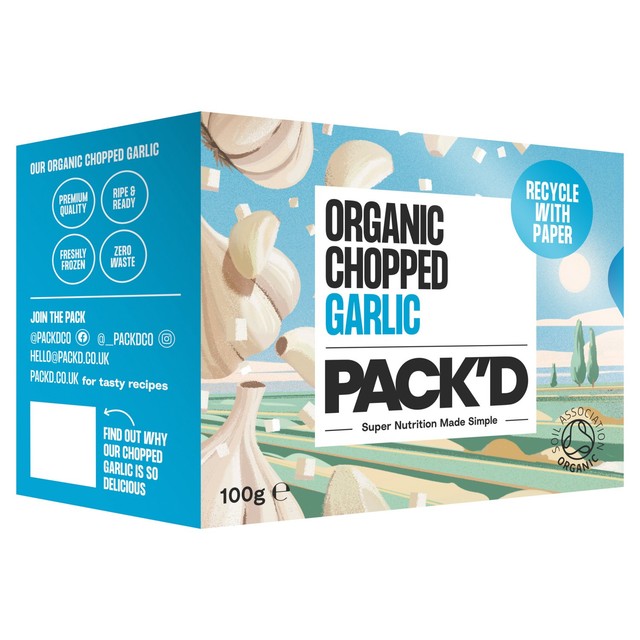Pack'd organic chopped garlic 100g, imported from the UK