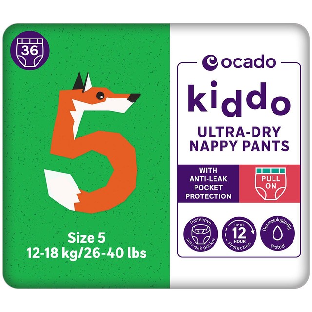 Ocado Kiddo Ultra-Dry Nappy Pants Size 5 (12-18kg), imported from the UK