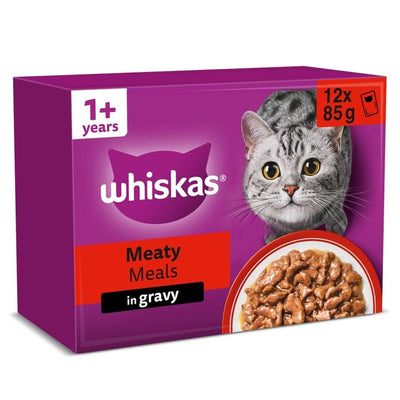 Whiskas 1+ Adult Wet Cat Food Pouches Meaty Meals in Gravy 12 x 85g