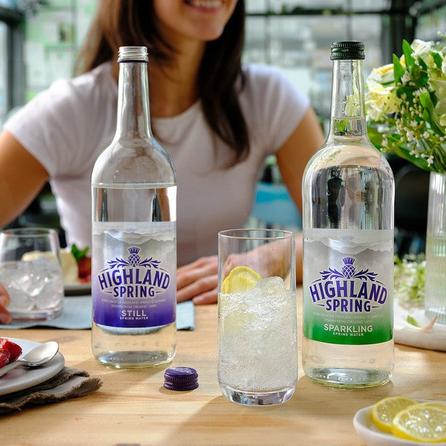 Highland Spring sparkling water glass bottle 750ml, UK version