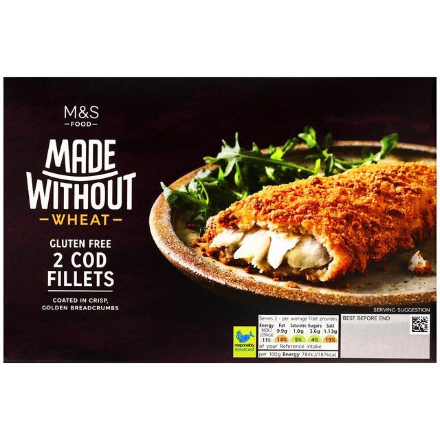 M&S gluten-free breaded cod fillets 245g, imported from the UK