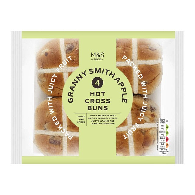 M&S Apple Hot Cross Buns 4 pack, imported from the UK