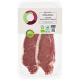 Ocado organic beef sirloin steaks 425g, imported from the UK