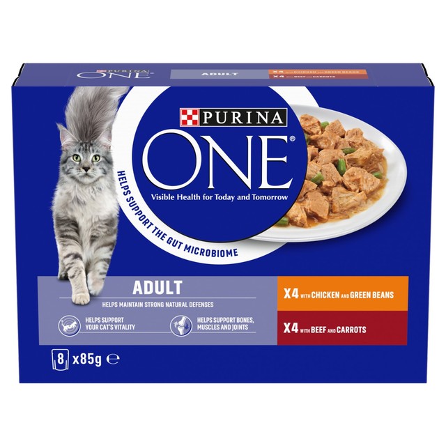 Purina One chicken and beef wet cat food 8x85g, imported from the UK