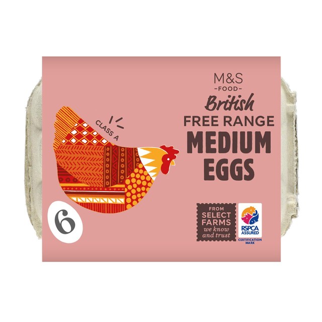 M&S free range medium eggs 6 pack, imported from the UK