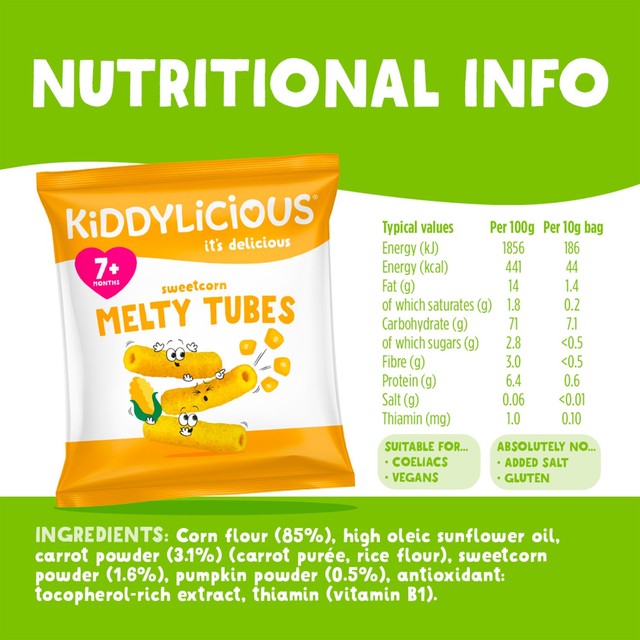 Kiddylicious Melty Tubes Sweetcorn baby snack 4 x 10g, UK version