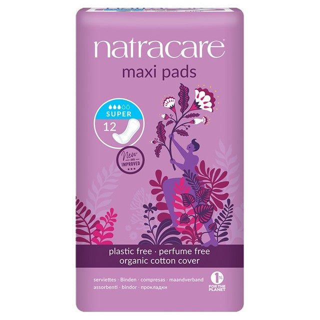 Natracare Organic Cotton Maxi Super Pads 12 Pack, imported from the UK