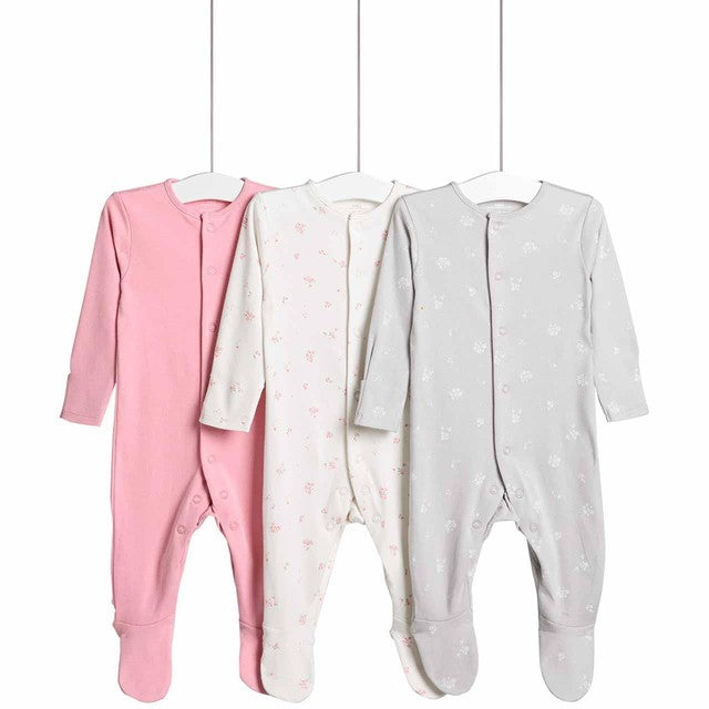M&S Floral Popper Footed Sleepsuits Pink Newborn, imported from the UK