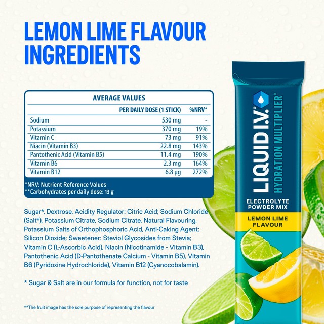 Liquid I.V. lemon lime electrolyte powder mix 6 x 16g, UK version