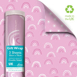 Deva Designs Pink Rainbow Double Sided Gift Wrap Sheets 3 Sheets, 50cm x 70cm, imported from the UK