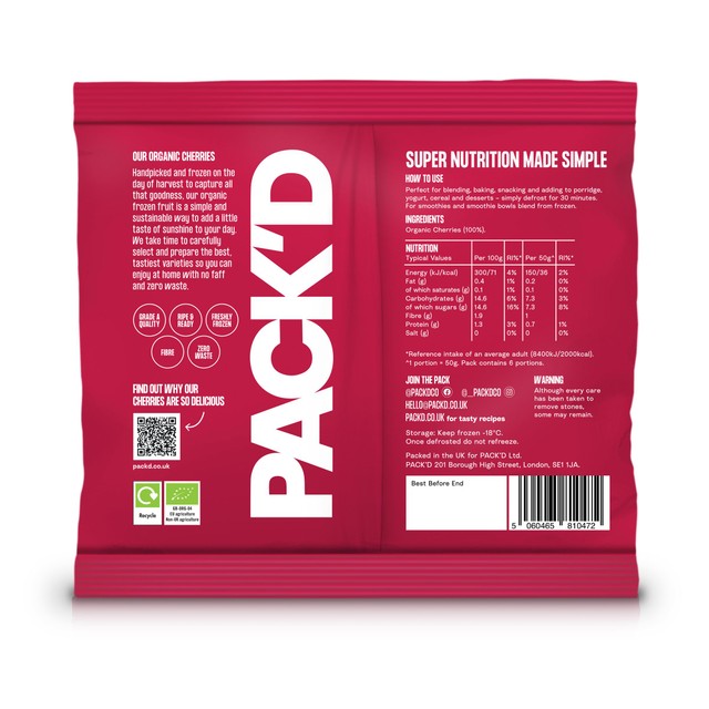 Pack'd organic sweet pitted cherries 300g, imported from the UK