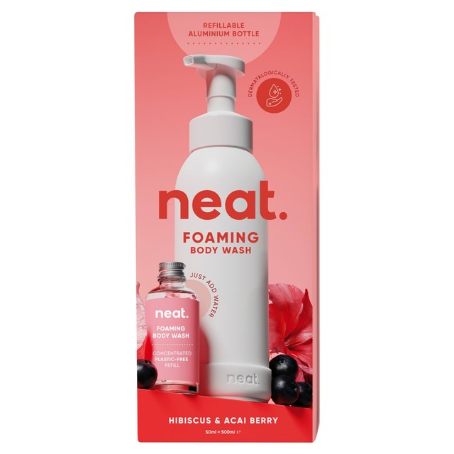 Neat hibiscus and acai berry foaming body wash 500ml starter pack, imported from the UK