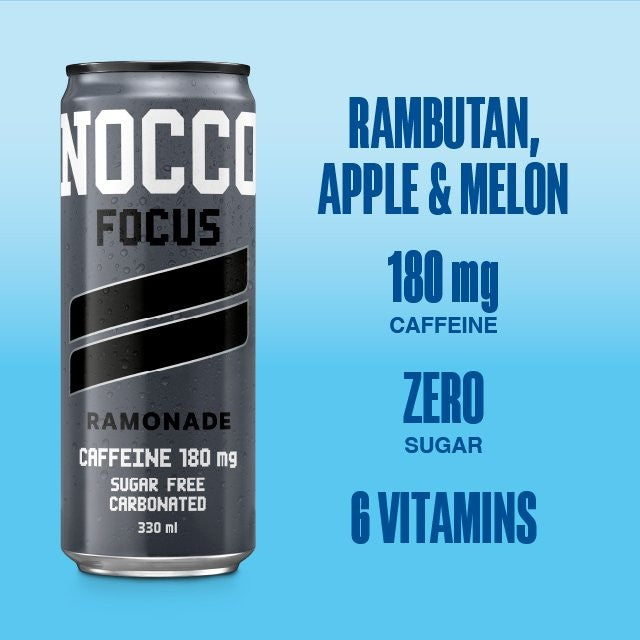Nocco Focus Ramonade energy drink 330ml, imported from the UK
