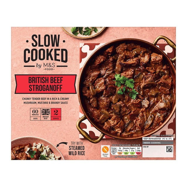 M&S beef stroganoff ready meal 618g, imported from the UK