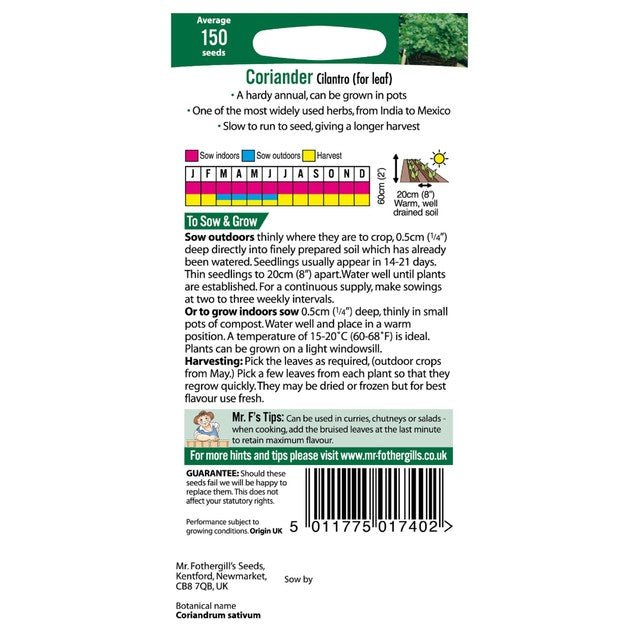 Mr Fothergill's Seeds coriander seeds - British product