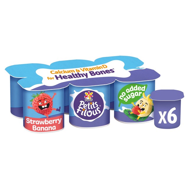 Petits Filous strawberry banana yoghurt pots 6x47g, imported from the UK