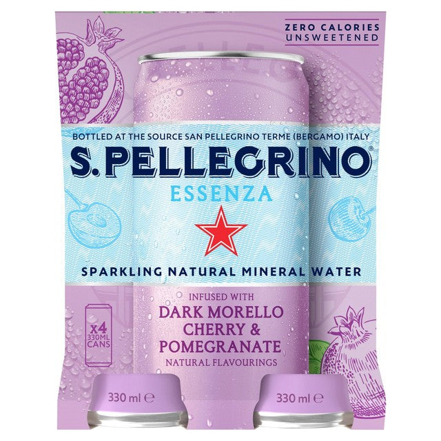 San Pellegrino Essenza cherry and pomegranate flavoured sparkling water 4 x 330ml cans (British brand)
