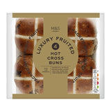 M&S fruited hot cross buns 4 pack, imported from the UK