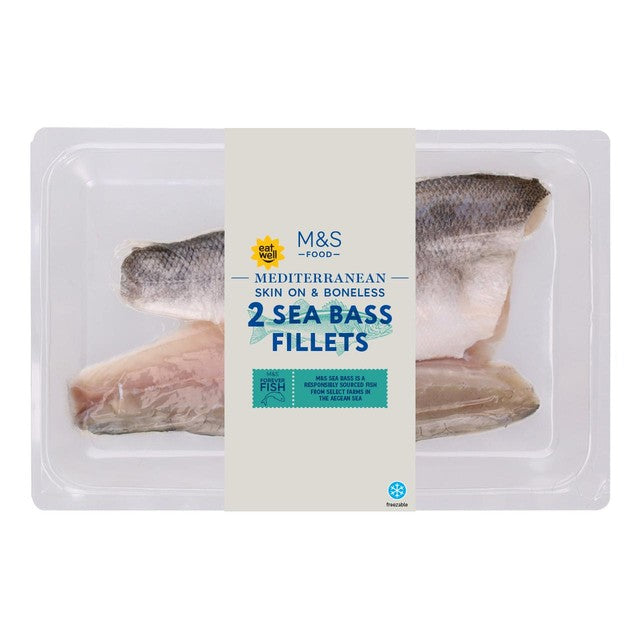 M&S sea bass fillets 180g, imported from the UK