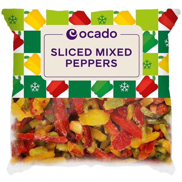 Ocado frozen sliced mixed peppers 750g, imported from the UK