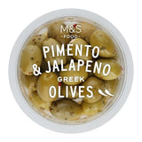 M&S olives with garlic, pimento, and jalapeno 165g, imported from the UK