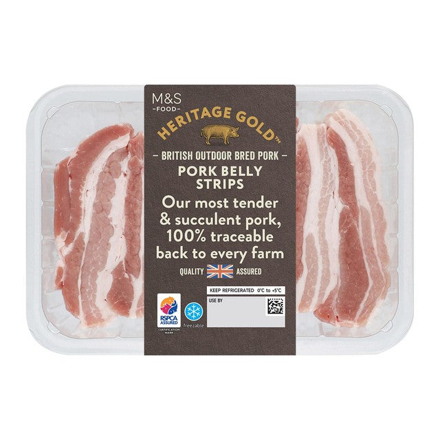 M&S Heritage Gold pork belly strips 480g, imported from the UK