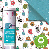 Deva Designs Monsters Double Sided Gift Wrap Sheets 3 Sheets 50cm x 70cm