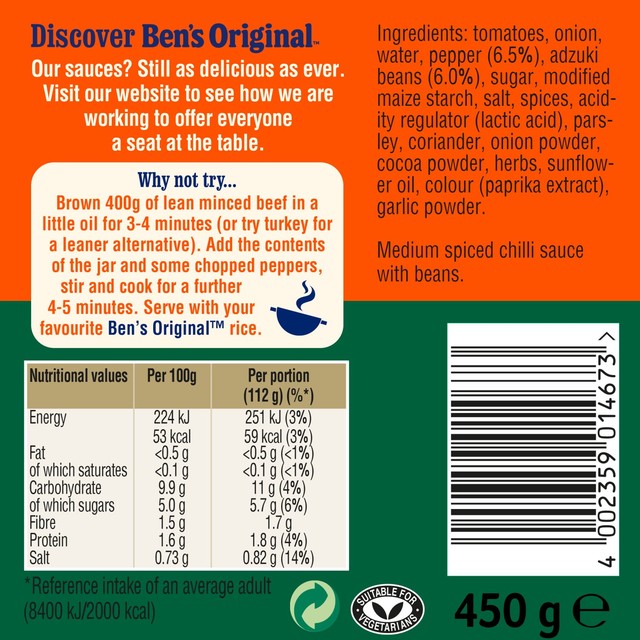 Ben's Original Medium Chilli Con Carne Sauce 450g - British product
