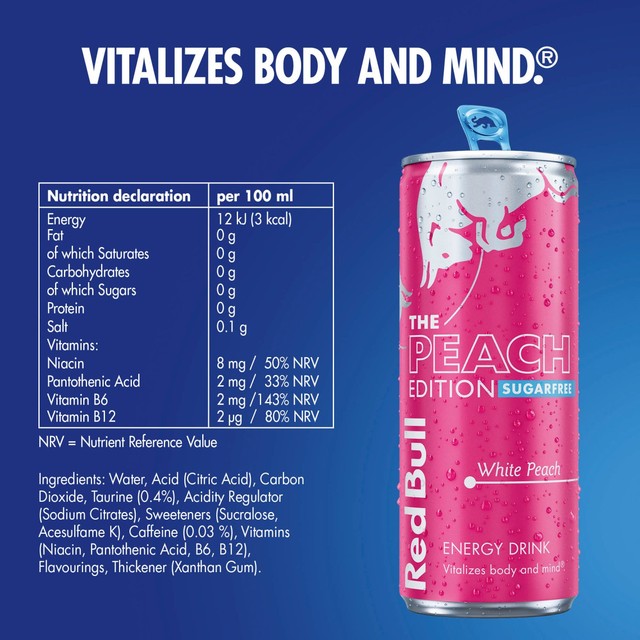 Red Bull Sugar Free Peach Energy Drink 4 x 250ml cans, imported from the UK