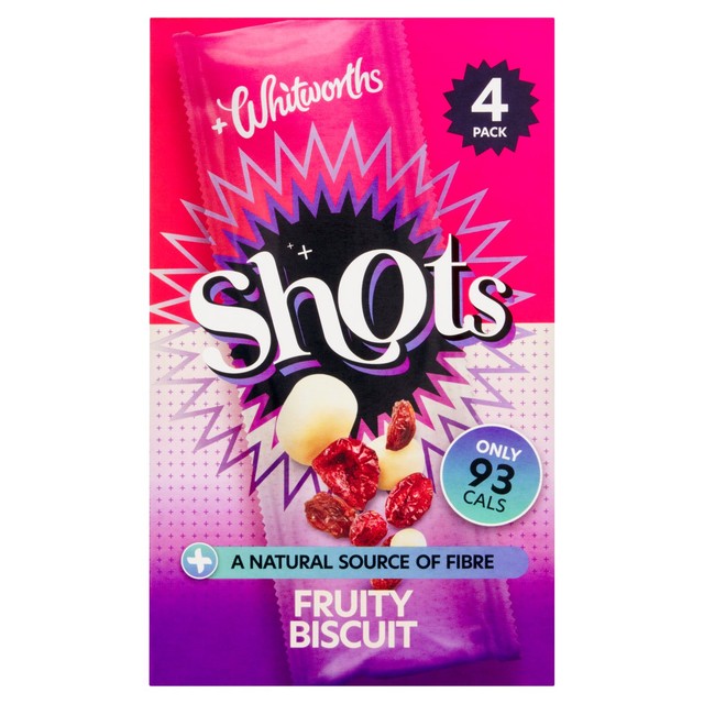 Whitworths Shots fruity biscuit snack with dried fruit and white chocolate 100g (British brand)