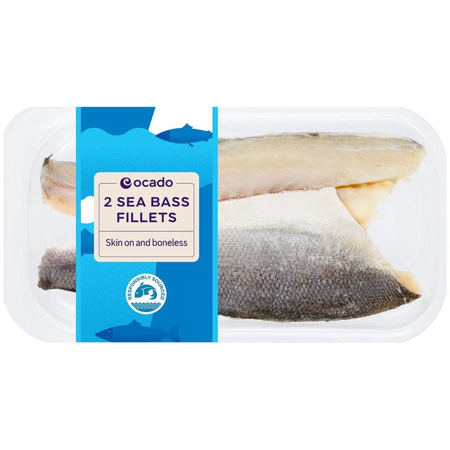 Ocado skin-on boneless sea bass fillets 180g, imported from the UK