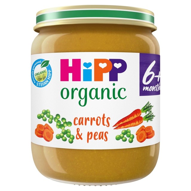 HiPP Organic carrots and peas baby food jar 125g, UK version